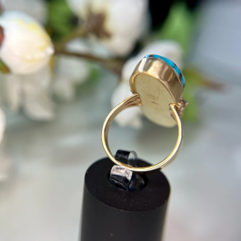 Vintage 14k Yellow Gold Turquoise Diamond Ring - Picture 10 of 15